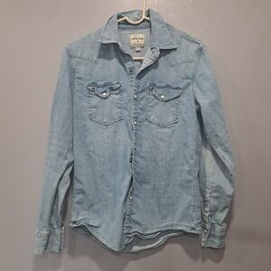 American Eagle Premium Indigo Denim Western Shirt Light Wash Pearl Snap Small